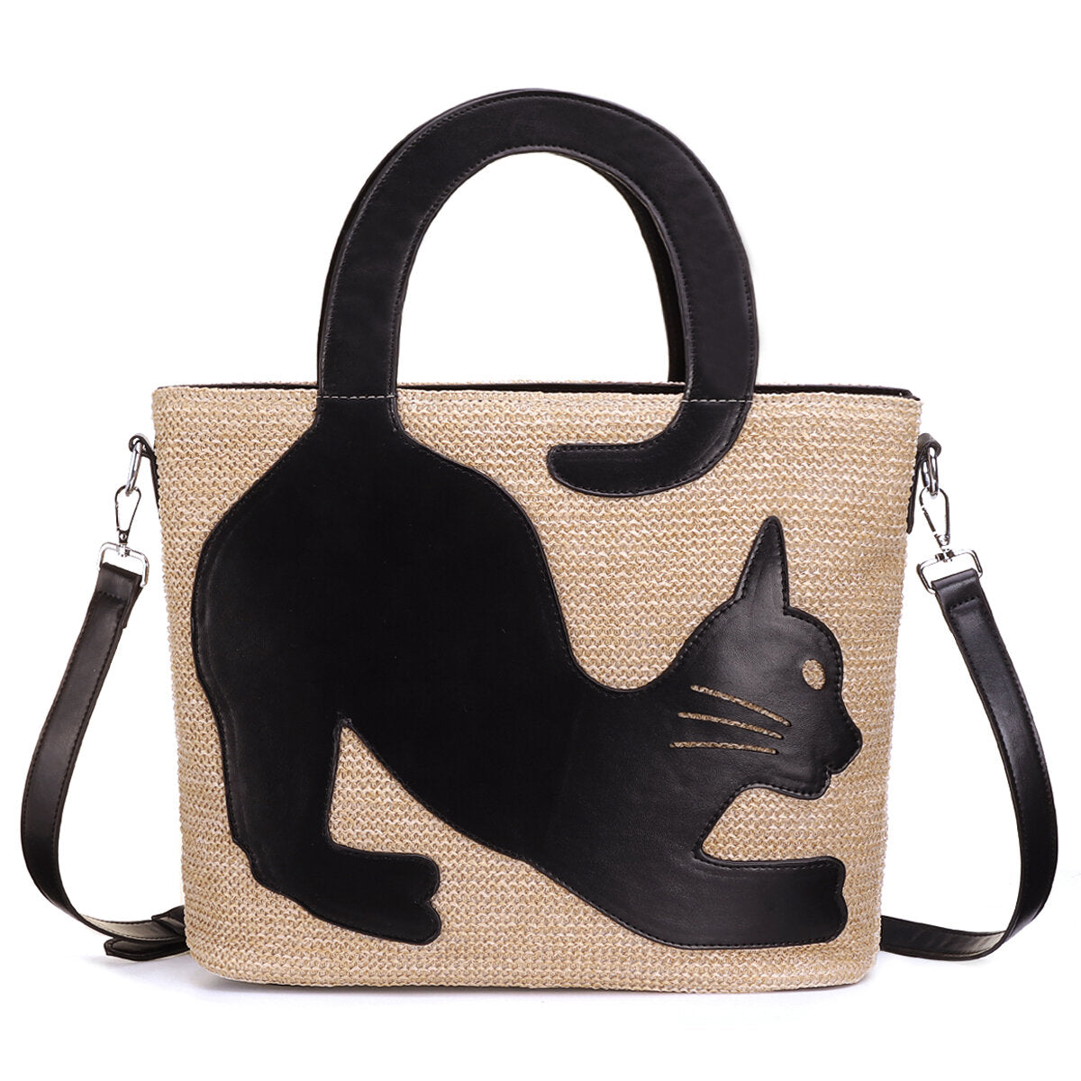 Women Straw Artificial Leather Cat Patch Crossbody Bag Large Capacity Versatile Beach Shoulder Handbag