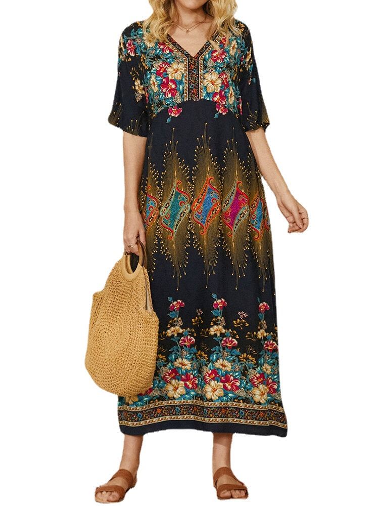 Bohemian Ethnic Floral Print V-neck Pocket Half Sleeve Casual Dress For Women