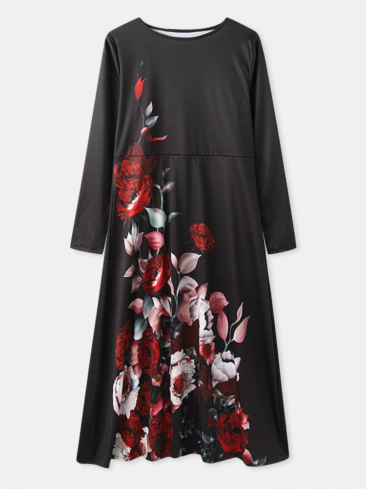 Women Floral Print Round Neck Long Sleeve Casual Maxi Dresses