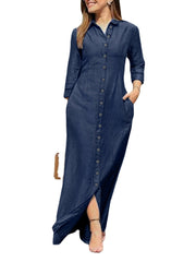 Women's Jean Solid Button Long Sleeve Solid Ankle-Length Dress