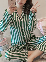 Women Striped Revere Collar Button Up Long Sleeve Shirt Two Piece Pajama Set