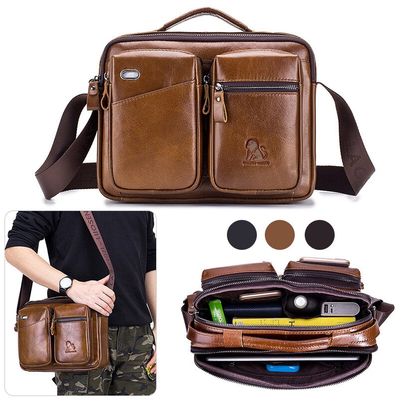 Men Genuine Leather Crossbody Bag Earphone Cowhide