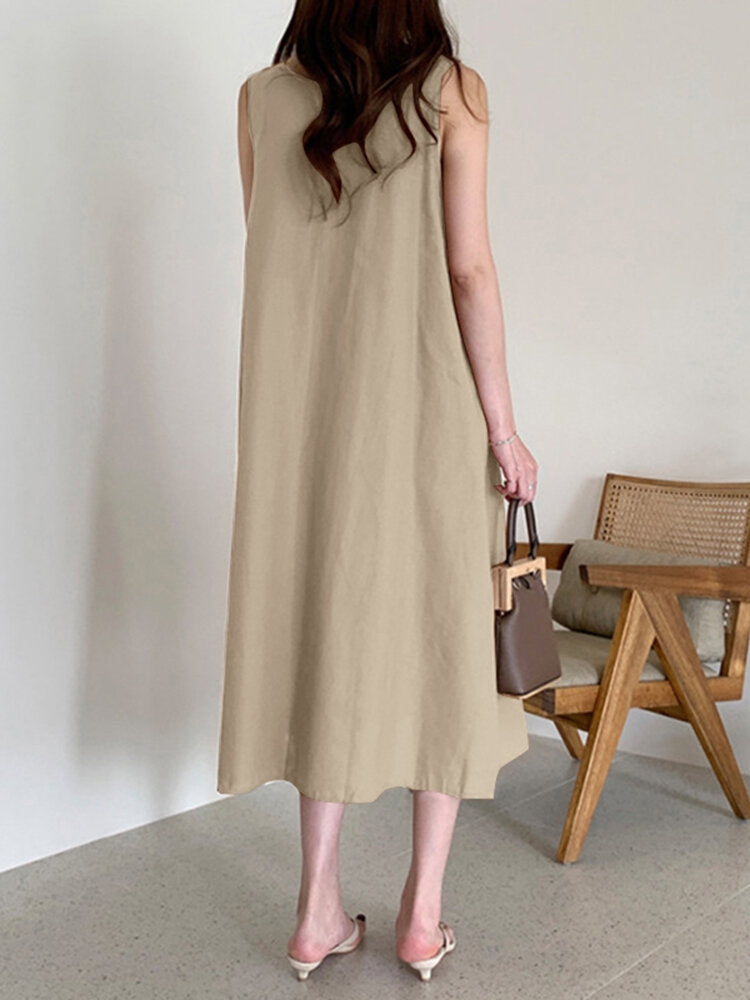 Women Solid O-Neck Sleeveless Bohemian Leisure Dress With Side Pockets