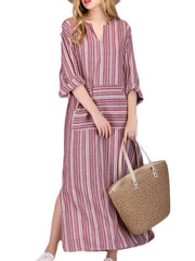 Women Casual Stripe V-neck Big Pocket Long Maxi Dress