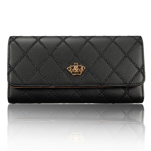 Women Quilted Crown Long Wallet Girls Candy Color Purse Card Holder Coin Bags