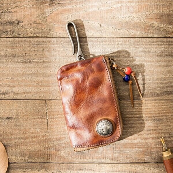 Men Genuine Leather Vinatge Car Key Wallet Texture Wear-resistang Case Coin Purse