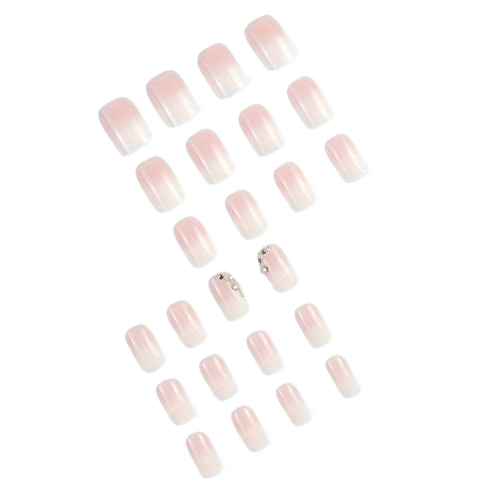 Gradient Pink & White Press On Nails - 24 Pcs Glossy Medium Square with Rhinestones, Reusable Fake Nails for Women