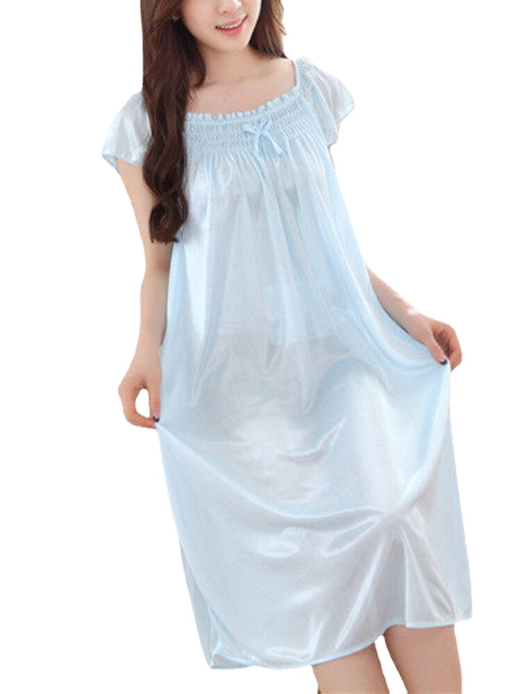 Women Solid Color Short Sleeve Smooth Home Nightgown