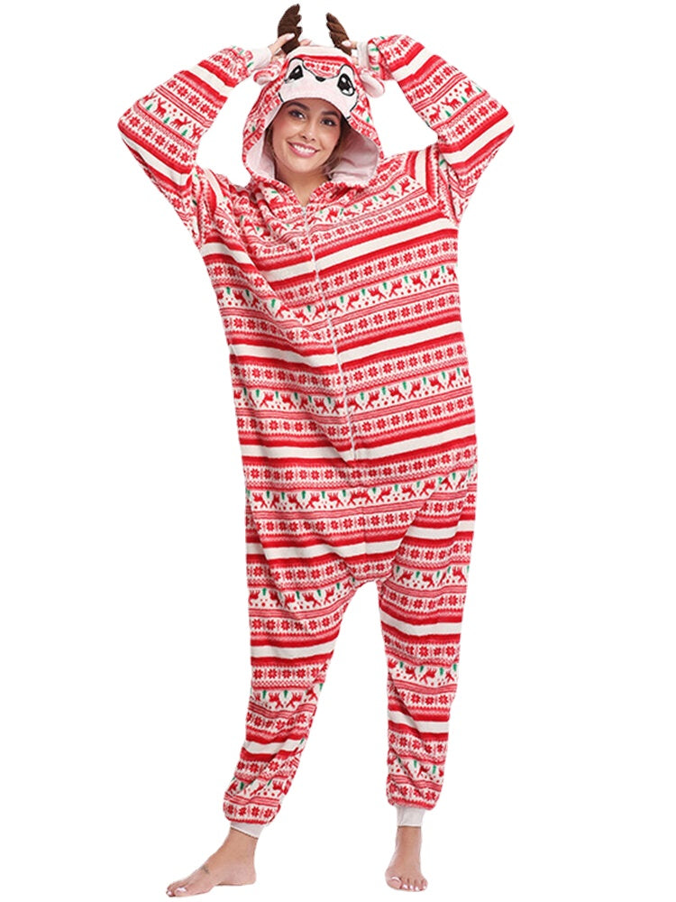 Women's Christmas Elk Print Hooded Jumpsuit with Pockets - Cozy One-Piece