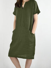 Solid Pocket V Neck Short Sleeve Casual Cotton Midi Dress