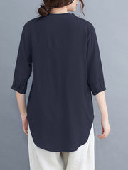 Solid Button Pocket V Neck Casual Blouse