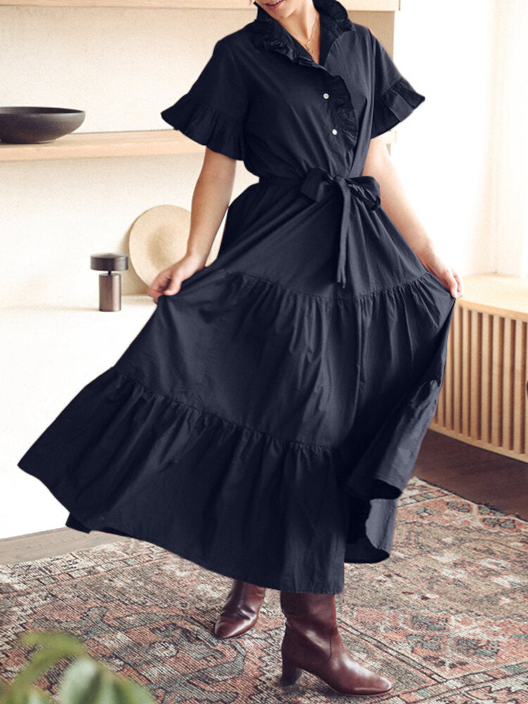 Casual Solid Color Lapel Collar Button Belted Pleated Ruffles Maxi Dress