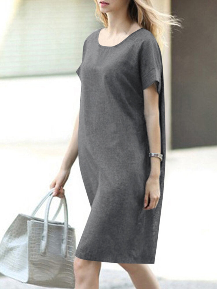 Solid Short Sleeve Round Neck Midi Casual Dress