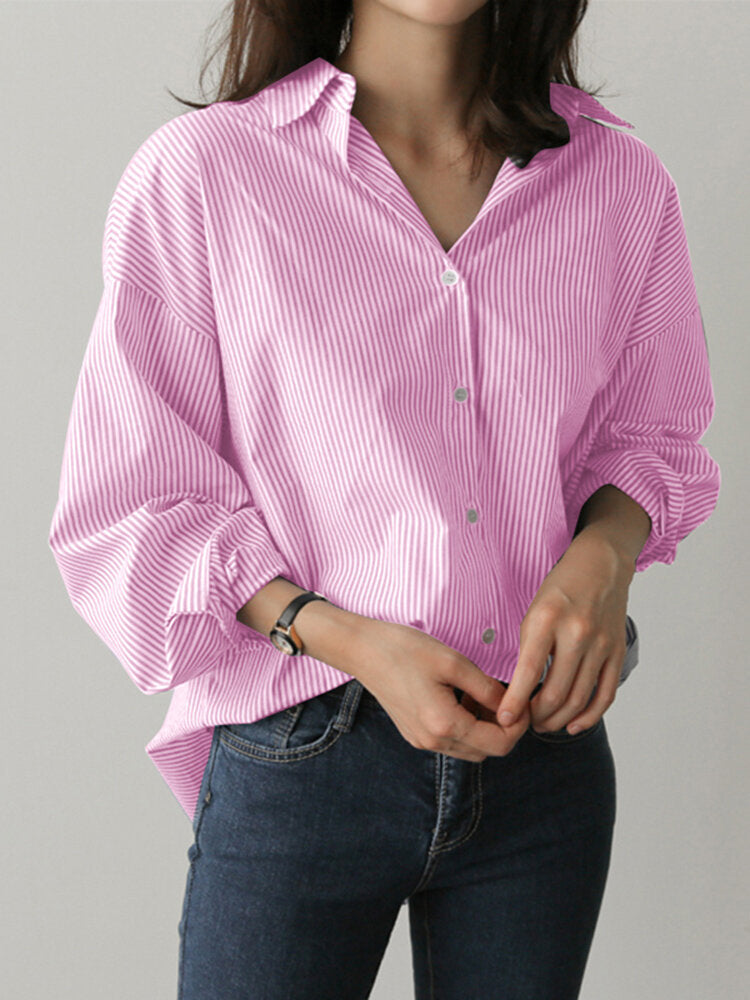 Women Striped Raglan Turn-Down-Collar Workwear Formal Shirt