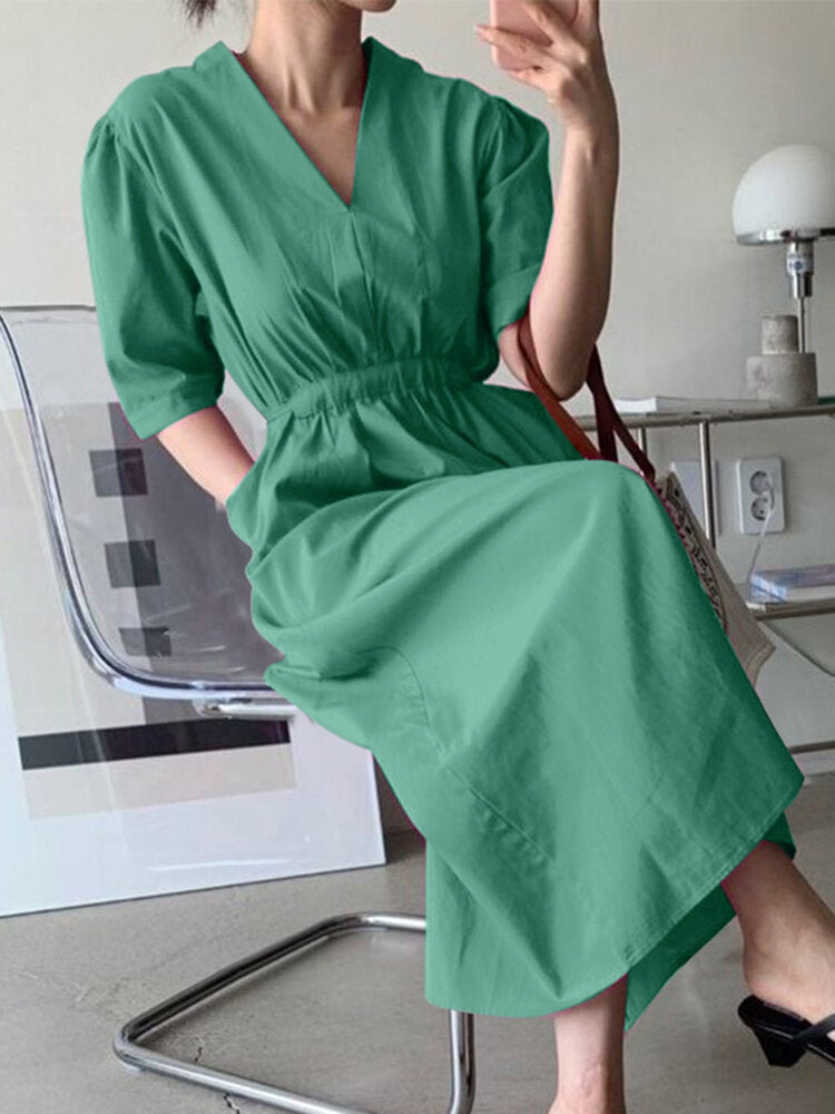 Solid Ruched Pocket Knotted V Neck Midi Casual Dress