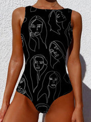 Graffiti Abstract Print Round Neck One Piece Sleevless Slimming Swimsuit For Women