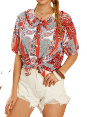 Women Vintage Ethnic Pattern Mixed Print Lapel Short Sleeve Button Casual Blouse