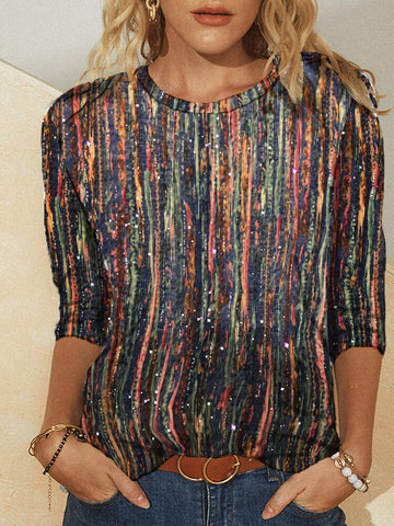 Women Multi-Color Striped Glitter Printed Long Sleeve O-Neck Blouse