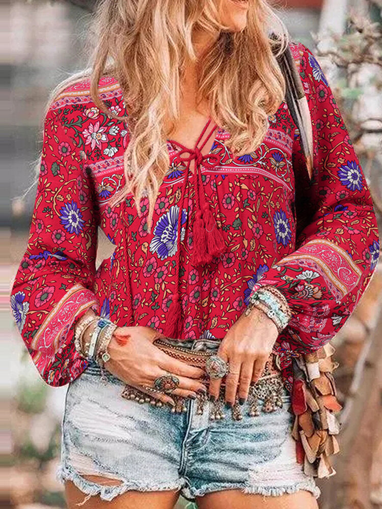 Ethnic Style Print Bohemian Lace-Up V-Neck Tassel Long Sleeve Blouse For Women