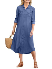 Women Casual Lapel Button Long Sleeve Streetwear Irregular Hem Pocket Shirt Dress