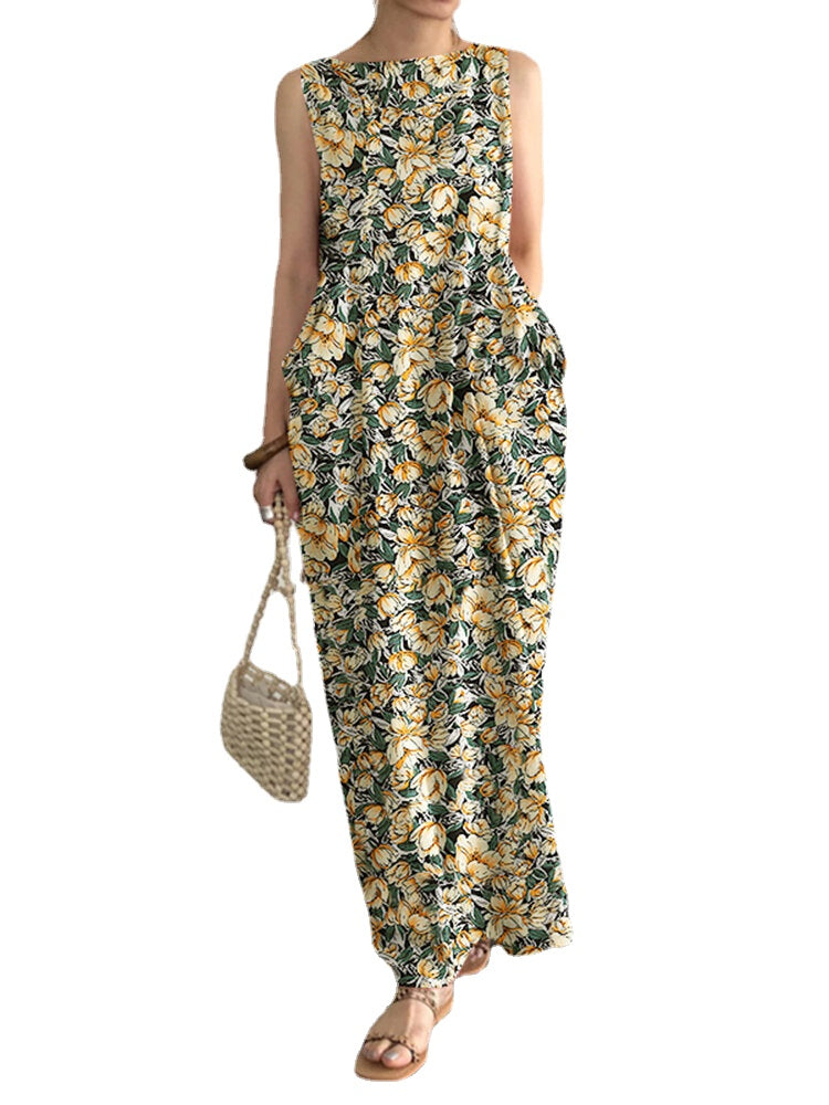 Pocket Floral Print Round Neck Sleeveless Maxi Dress