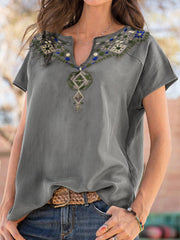 Bohemian Vintage Embroidery Print V-neck Casual Blouse