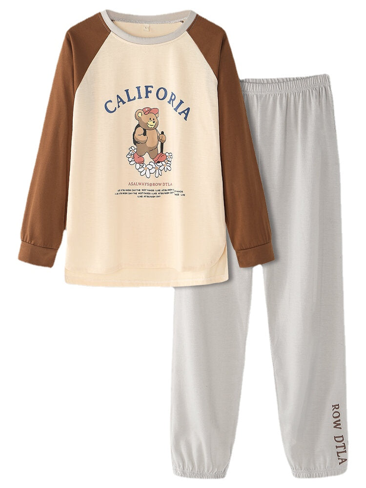 Women Cartoon Bear Pattern Letter Print Raglan Sleeve Pullover Pocket Pants Home Pajama Sets