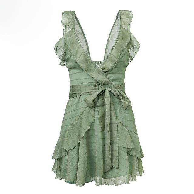 Bohemian Style Casual Women's Ruffled Shape Open Back Dresses With Bow Belt