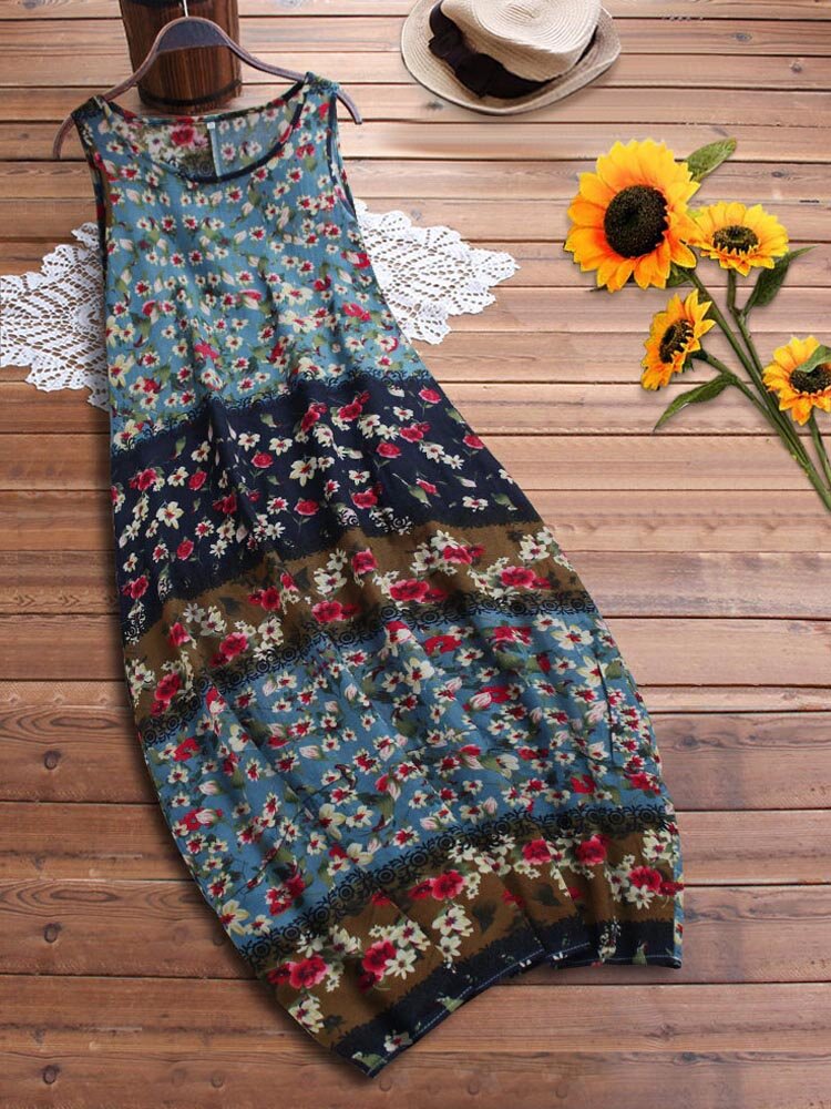 Women Sleeveless O-neck Floral Print Baggy Summer Maxi Dress