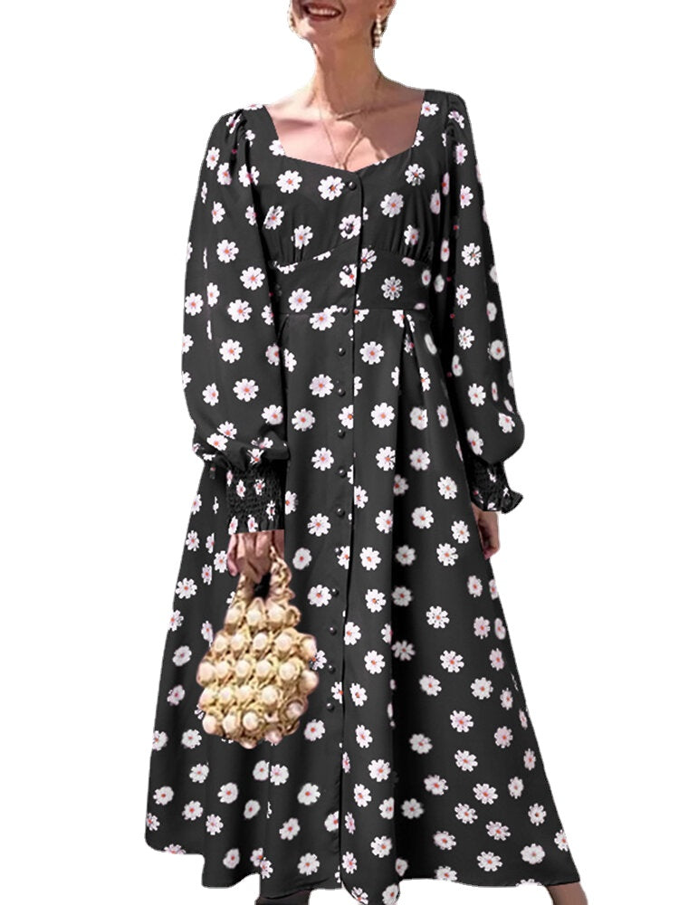 Women Puff Sleeve Floral Printing Spliced Pleats Mid-Calf Length Buttons Midi Dresses