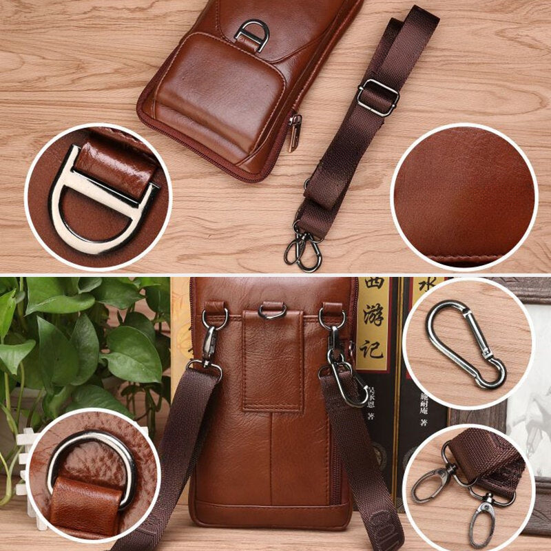 Men's Retro Leather Belt Bag, 6.5" Phone Holder, Wear-Resistant & Waterproof Waist Pack