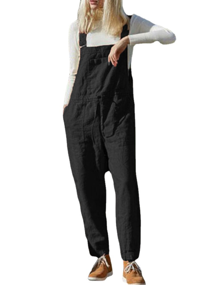 Women 100% Cotton Solid Color Ankle Length Side Pockets Jumpsuit