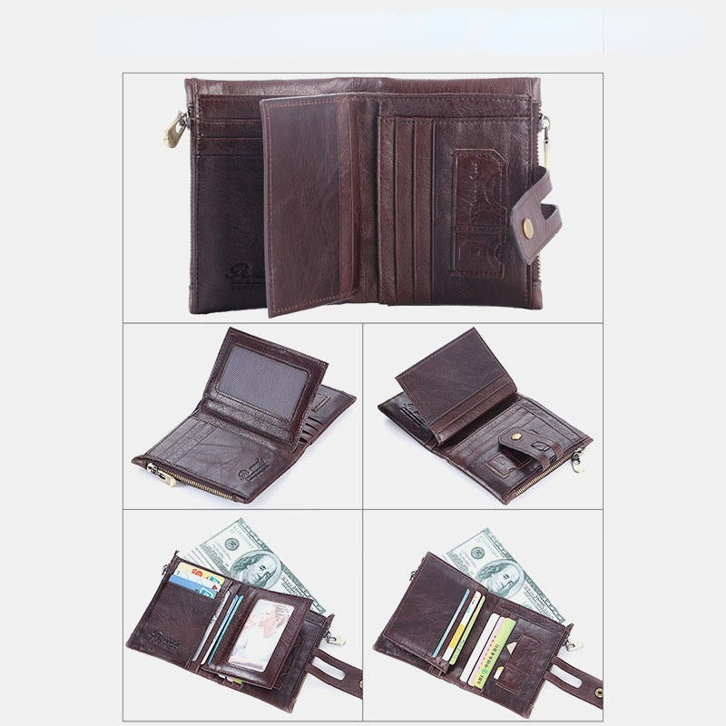 Men Retro Genuine Leather RFID Blocking Wallet 15 Card Slots Zipper Wallet