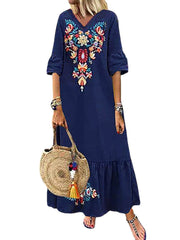 Bohemian Floral Print V-neck Flare Half Sleeve Beach Maxi Dress