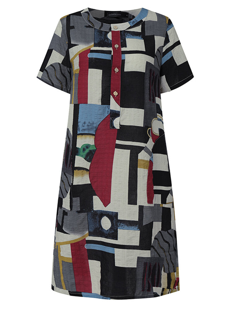 Women Geometry Print Short Sleeve Vintage Dresses with Pockets