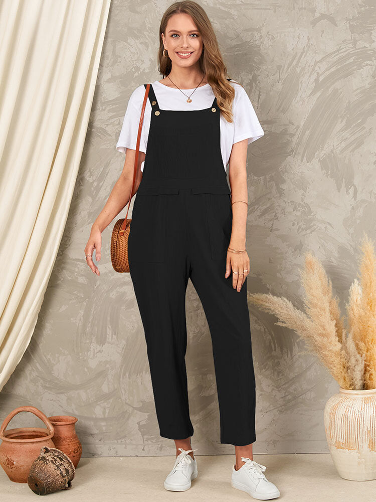 Solid Pocket Sleeveless Button Casual Jumpsuit For Women