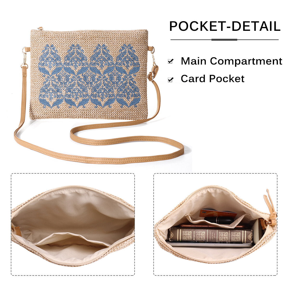 Women Straw Ethnic Pattern Embroidery Crossbody Bag Adjustable Zipper Shoulder
