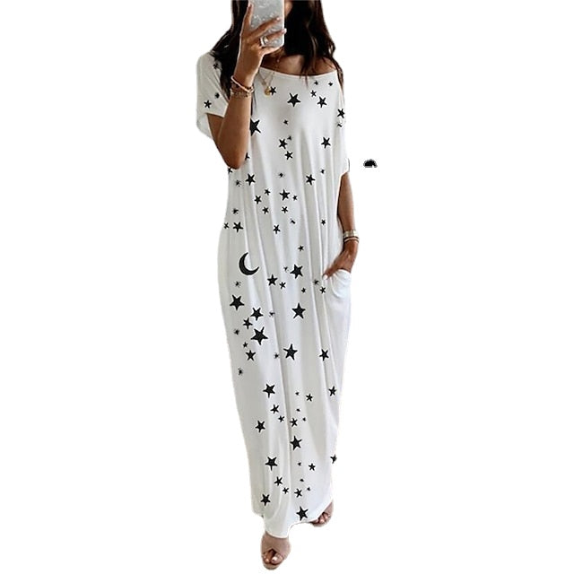 Women's Pajamas Nightshirt Nighty 1 PCS Star Simple Fashion Comfort Home Daily Bed Bamboo Breathable Gift Crew Neck Short Sleeve Print Spring Summer White Blue