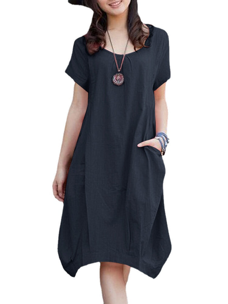 Solid Pocket Ruched Round Neck Short Sleeve Midi Dress