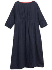 Vintage Pure Color O-neck Cotton 3/4 Sleeve Dress