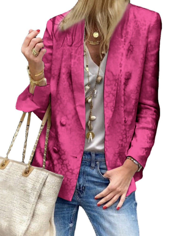 Women Solid Color Button Leopard Printed European Pocket Decoration Long Sleeve Blazer