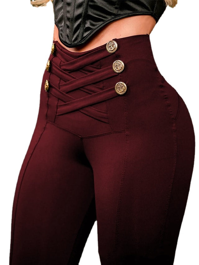 Casual Daily Abdominal rope cross button design Ladies Pants