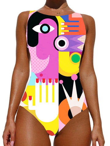 Colorful Abstract Figure Print High Neck Slimming One Piece Beach Women Swimwear