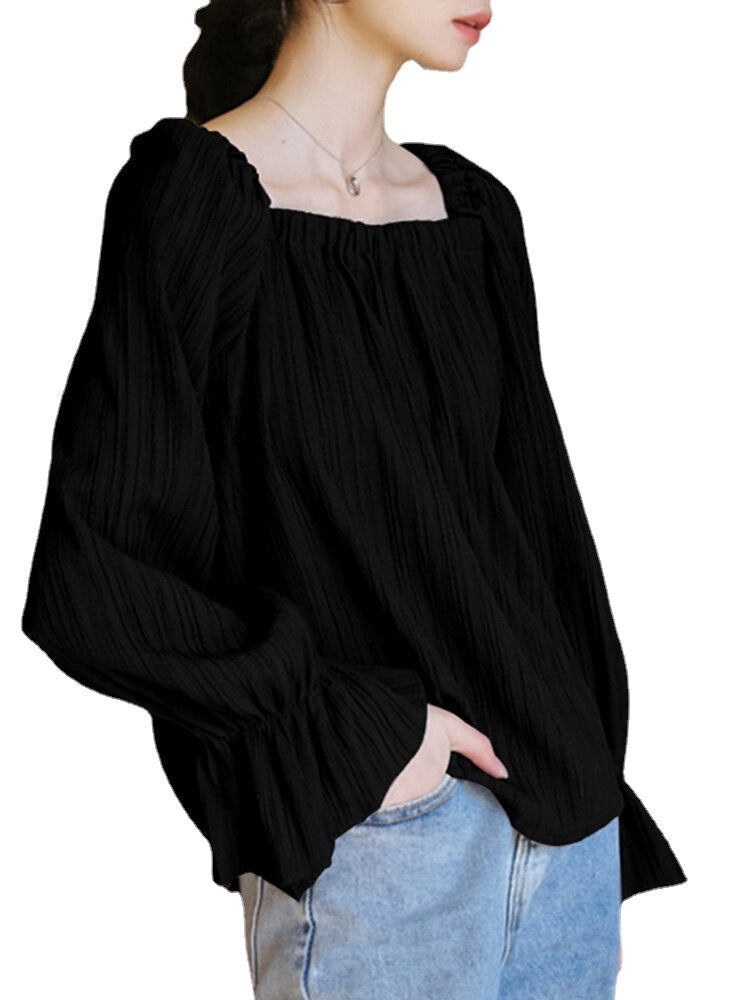 Solid Color Long Sleeve Square Collar Ruffled Blouse For Women