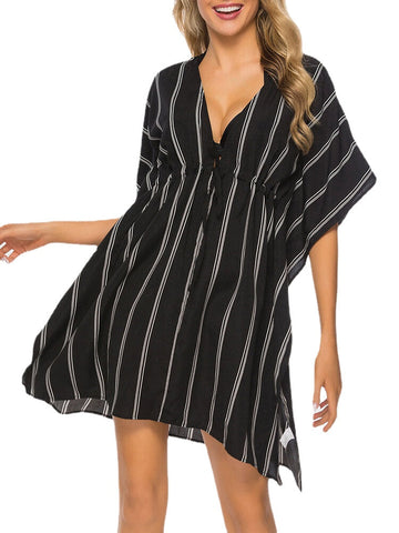 Plus Size Women Striped Front Tie Bat Sleeve Loose Sun Protection Cover Ups