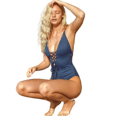 Sexy Women's Deep V-neck Backless Lace Up Swimsuit For Beach Bathing