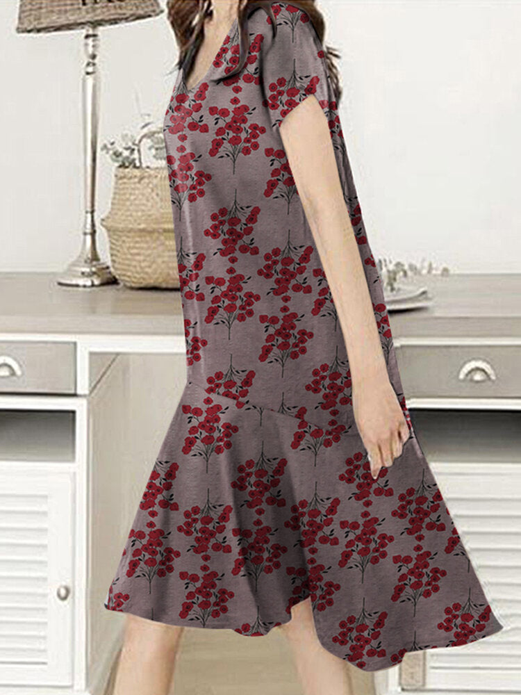 Floral Print Ruffle V Neck Cap Sleeve Midi Dress For Women