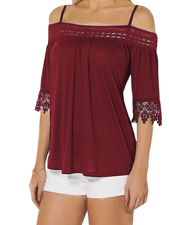 Lace Patchwork Cold Shoulder Half Sleeves Solid Tee