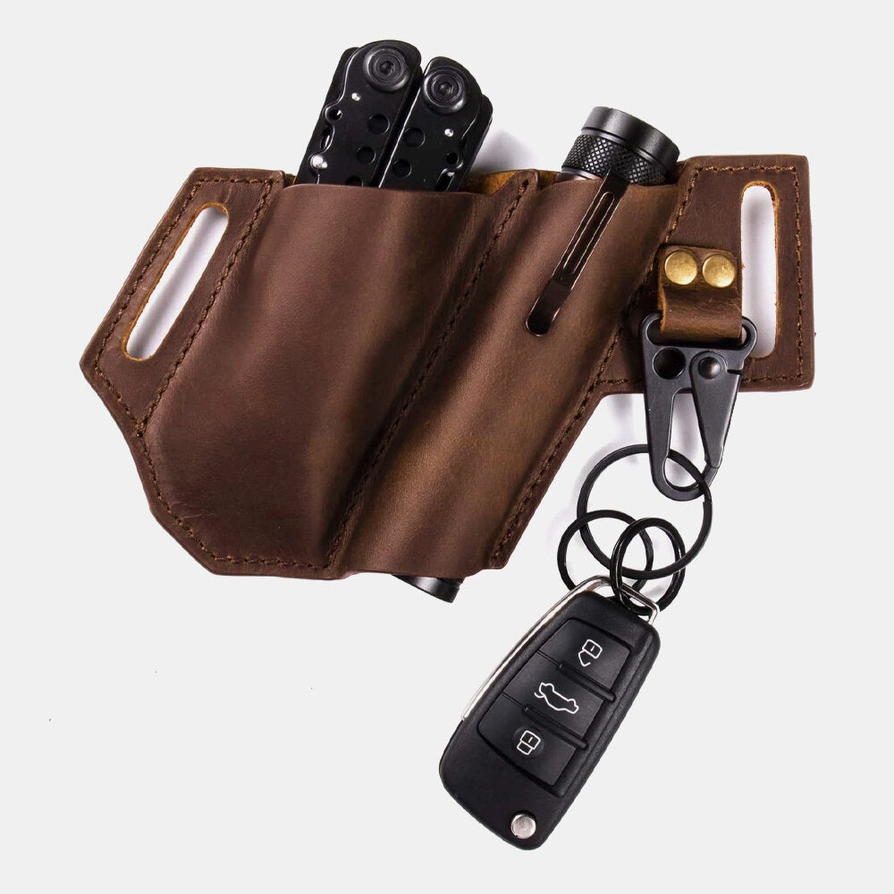 EDC Outdoor Genuine Leather Multifunction Flashlight Belt Sheath With Keychain Bag Waist