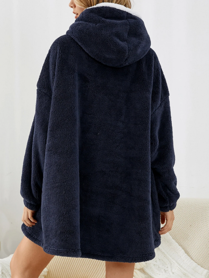 Women Solid Color Fleece Lined Thick Loose Warm Home Blanket Hoodie